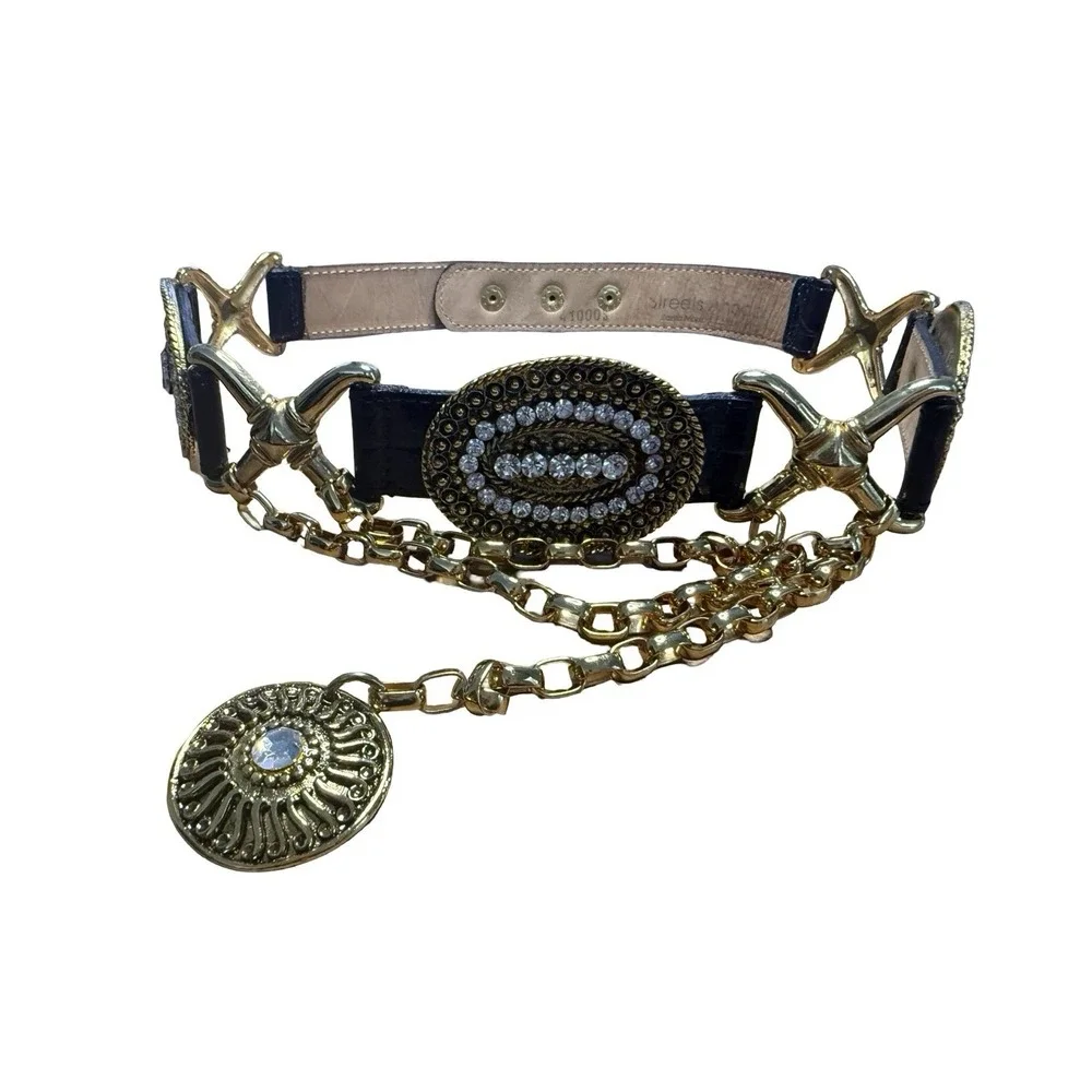 STREETS AHEAD 80S VTG WIDE LEATHER CRYSTAL GOLD CHAIN‎ MEDALLION BELT SML RUNWAY
